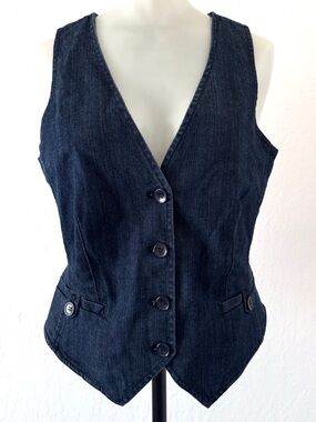 New York & Company Dark Blue Denim Vest V-neck Front button Tailored seams 6